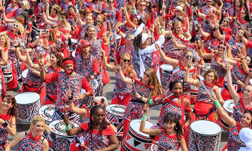 Hundreds of Batala drummers at the Notting Hill Carnival
